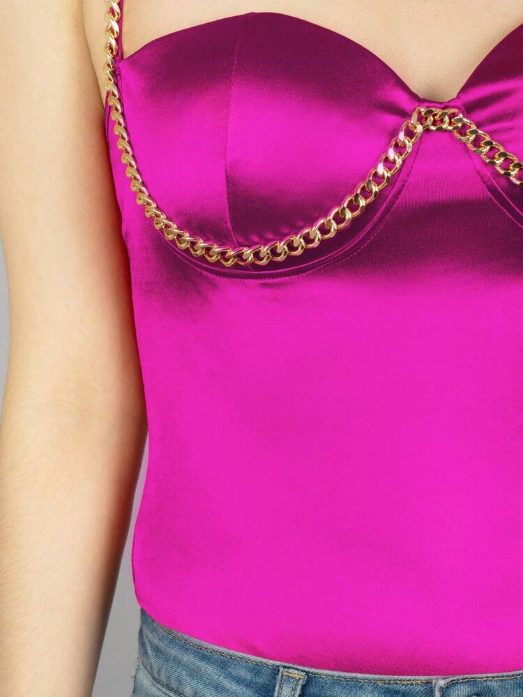 Body liso de satén elegante con detalle en copa y espalda al aire para dama - Rosa Fucsia - Añade 7