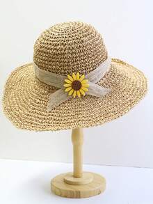 1pc Women Hand-Knitted Solid Color Summer Sun Hat, Anti-UV Hollow Straw Hat, Daily Travel Beach Bucket Hat - Multicolor - View 24