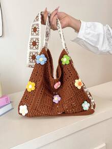 Vintage Hollow Floral Contrast Color Casual Crossbody Bag (Flower Color And Position Random) - Multicolor - View 4