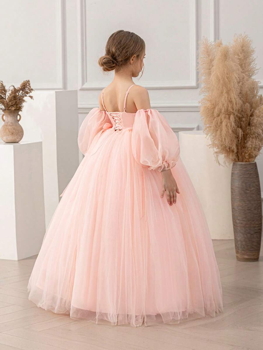 少女泡泡袖细肩带蝴蝶结装饰网眼公主裙，适合生日派对、花童、婚礼、舞会、节日场合