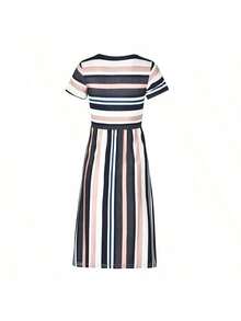 Young Girl Striped Round Neck Short Sleeve Casual Dress, For Holiday And Party Wear - Pink - View 6