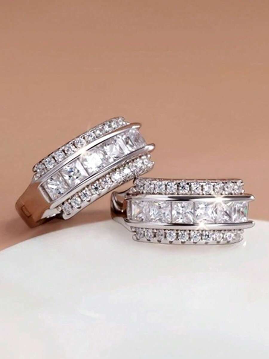 1 Paar elegante Ohrringe mit kubischem Zirkonia, geeignet für Frauen, passend für Hochzeiten, Verlobungen, Jahrestage, Valentinstag und andere Anlässe - Silber - Übersicht 1