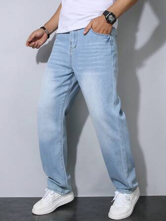 青少年男孩深蓝色休闲猫须条纹修身直筒牛仔裤