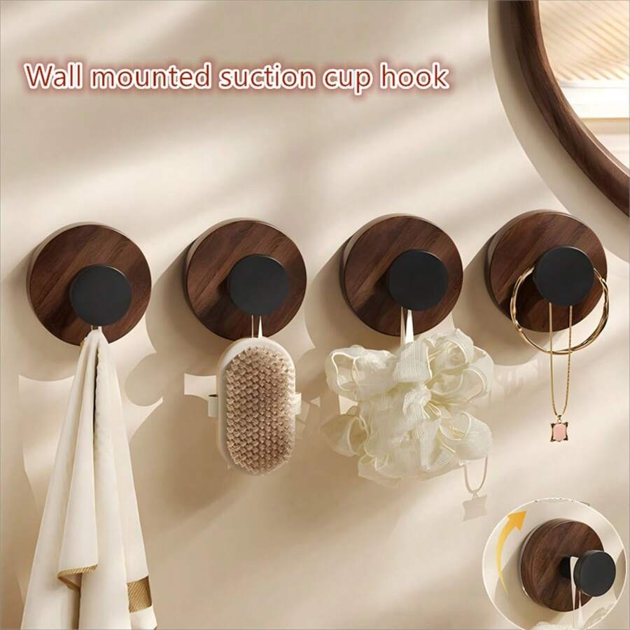 1/3/5Pcs Walnut Wood Grain Plastic Suction Cup Hook Strong Bearing Adhesive Hook For Bathroom And Kitchen No-Drill Creative Knob Design, Portable Storage Hanger