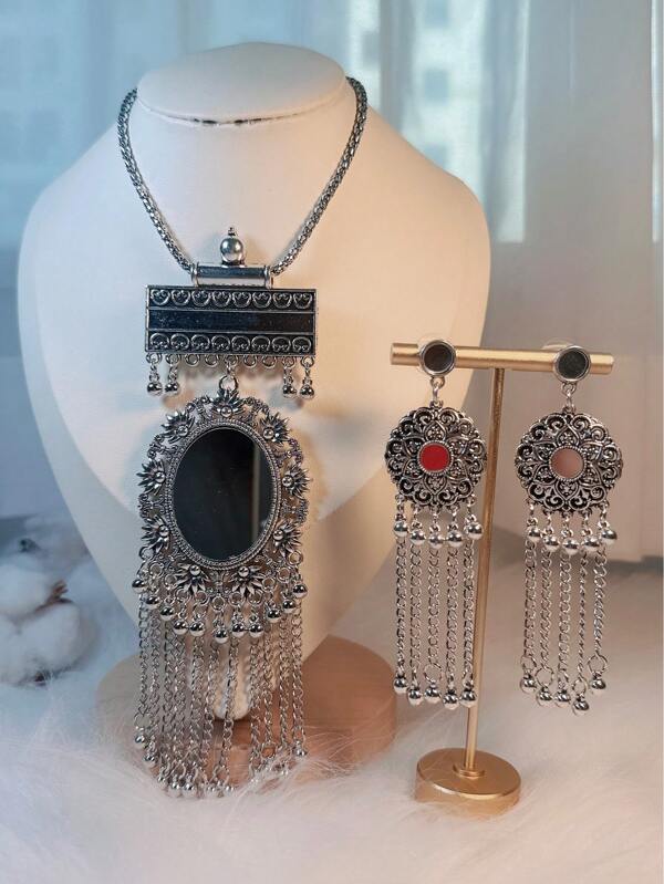 1 Set Vintage Mirror Necklace & Earrings Jewelry Set, Suitable For Women To Wear With Traditional Clothing