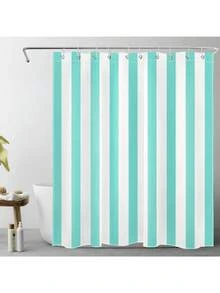 Shower Curtain For Bathroom With Hooks, Multi-Size, Modern Striped Bathroom Curtains Geometric Patterns Vertical Stripe Washable Polyester Fabric Bathroom Shower Curtains - Teal - 查看 1