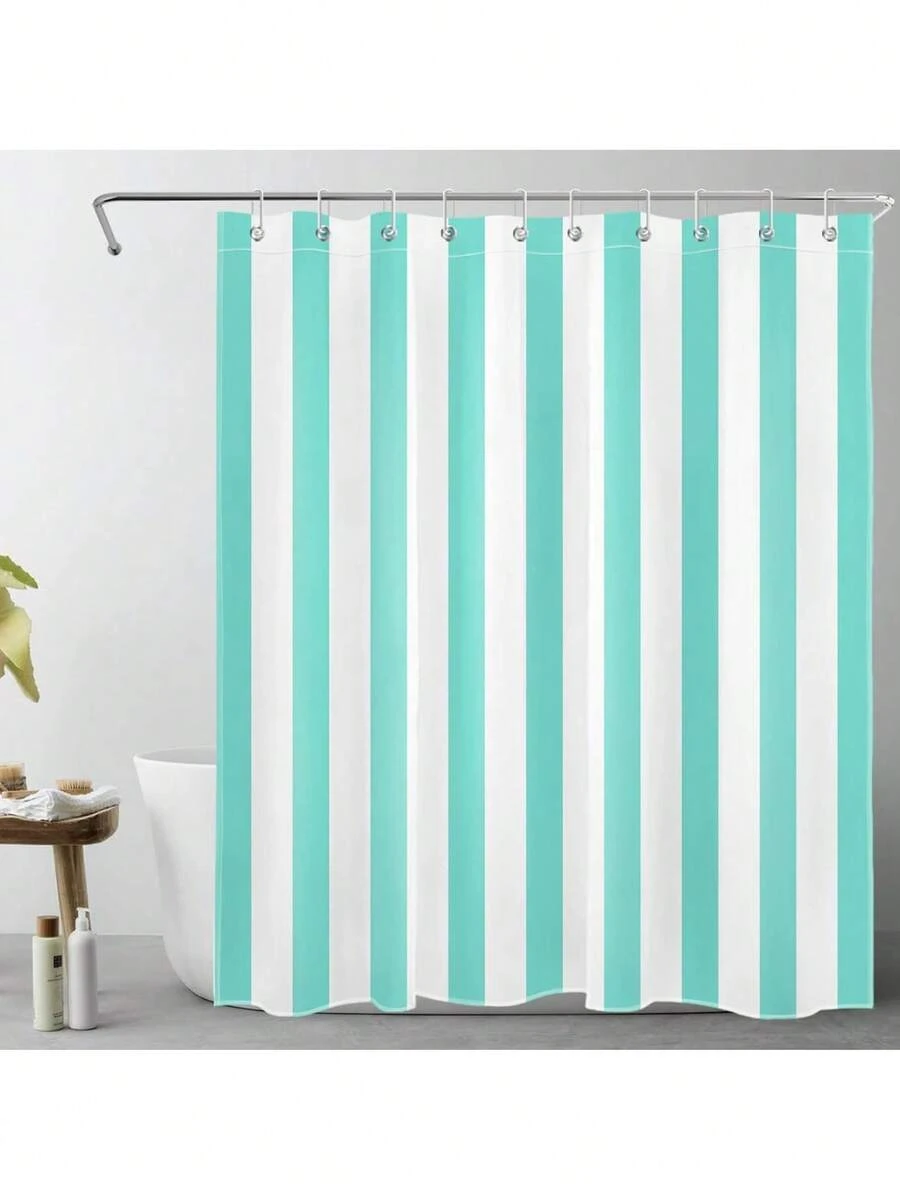 Shower Curtain For Bathroom With Hooks, Multi-Size, Modern Striped Bathroom Curtains Geometric Patterns Vertical Stripe Washable Polyester Fabric Bathroom Shower Curtains - Teal - 查看 1