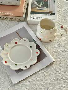 Bộ 1 cốc cà phê và đĩa sứ họa tiết hoa dễ thương, cốc phong cách Hàn Quốc chất lượng cao, cốc cà phê dung tích lớn có quai xách cỡ lớn, thích hợp cho văn phòng, gia đình, bữa sáng - Nhiều màu - Xem 4