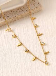 VJS 1pc Elegant Shiny Women's Necklace, 18K Gold Plated Stainless Steel Diamond Ball Cross Pendant, Hypoallergenic, European Style Jewelry - Yellow Gold - View 3