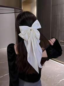 2pcs/Set Black & White Satin Oversized Bow Hair Clips, Large Size With Flowing Ribbons - Suitable For Girls And Women, Fits Various Hairstyles, Ponytail And Bun, Great For Back To School, Halloween Events And Daily Wear, Halloween Accessories, Fall, Festival, Rave Accessories, Claw Clips, Hair Claws, Hair Slide, Hair Barrettes, Fall Fashion, Autumn, Winter Outfit For Women, Bows, Cute, Hair Accessories - Multicolor - View 2