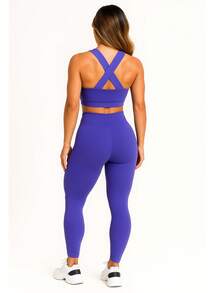 Leggings And Top Set For Gym Fitness Walking Bodybuilding Smooth Suplex A01 - 藍色 - 查看 2