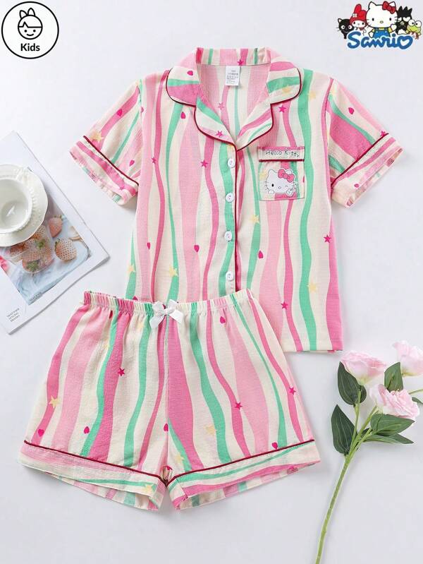 Sanrio 2pcs Sanrio Girls Tween Polo Collar Cardigan With Pockets, Rainbow Striped, Heart, Star, Hello Kitty, Cat Cartoon Print, Bow Decor, Casual Comfortable Sleepwear Set