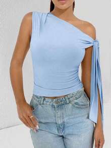 Elegant Suplex T-Shirt Top With Asymmetrical Shoulders And Straps, Ideal For Daily Use, Outings, Nightclubs, Parties, Halloween Costumes - 淺藍色 - 查看 2
