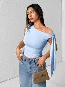 Elegant Suplex T-Shirt Top With Asymmetrical Shoulders And Straps, Ideal For Daily Use, Outings, Nightclubs, Parties, Halloween Costumes - 淺藍色 - 查看 6