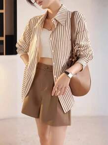 Women's Elegant Striped Fashionable French Style Loose Long Sleeve Button Pocket Casual Shirt