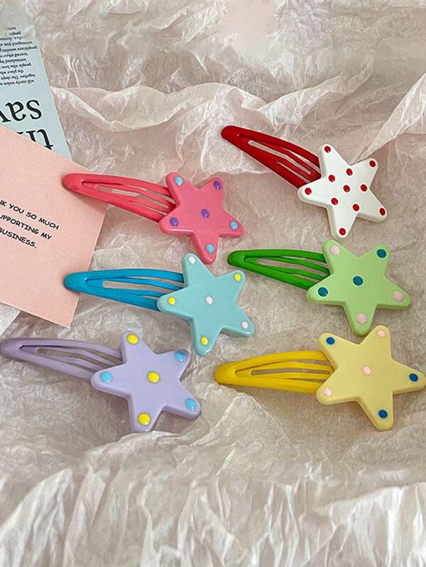 Set de 6 pasadores de pelo con estampado de lunares y estrellas de colores alegres, pasadores lindos para niñas, pasadores para el flequillo lateral, accesorios de pelo con pinza de pato