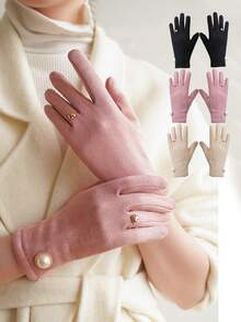 2 Pairs Of Autumn/Winter Fleece Ladies Touch-Sensitive Pearl-Lined Finger Gloves - Gentle And Elegant, Multi-Functional Korean-Style Anti-Wear Five-Finger Gloves. They Are Warm Gifts For Family And Friends And Are Suitable For Daily Outings. - Multicolor - View 1