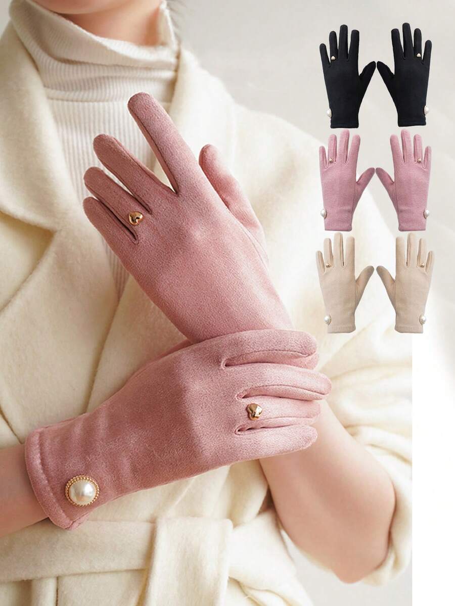 2 Pairs Of Autumn/Winter Fleece Ladies Touch-Sensitive Pearl-Lined Finger Gloves - Gentle And Elegant, Multi-Functional Korean-Style Anti-Wear Five-Finger Gloves. They Are Warm Gifts For Family And Friends And Are Suitable For Daily Outings. - Multicolor - View 1