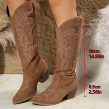 Fall/Winter Wite Fit Women's Retro Western Embroidered Low Heel Mid-Calf Cowboy Boots, Faux Suede Fashion Riding Boots Wide Fit - Khaki - View 7