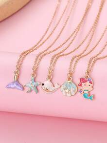 Bộ 5 chiếc/Bộ vòng cổ kết hợp phong cách đại dương mùa hè cho bé gái nhiều màu sắc hình nàng tiên cá, sao biển, vỏ sò, cá voi, thích hợp cho bé gái đeo trong cuộc sống hàng ngày và với bạn thân - Nhiều màu - Xem 5