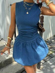 Siren Gaze 女式纯色褶皱圆领休闲无袖牛仔连衣裙 - 中等水洗藍 - 查看 3