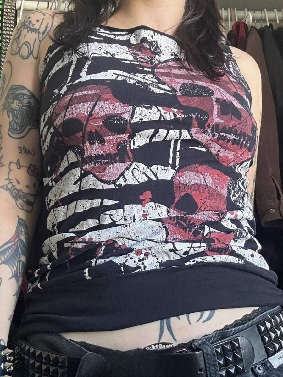 Women Y2k Gothic Tank Tops Dark Goth Style Skull Print Sleeveless Vest Tops Summer Slim Fit Shirts Streetwear Fairy Grunge Vinatge Aesthetic Clothes - 黑色 - 查看 1