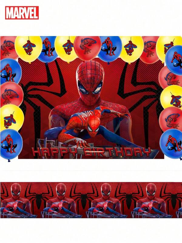 Marvel 20PCS Officially Licensed Spider-Man Birthday Decorations Party Decorations Supplies Graduation Prom Party Balloon Set Includes Cake Toppers Cupcake Decorations Balloons Background Fabric And Tablecloths