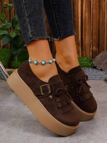 女士厚底蝴蝶结流苏扣厚底平底乐福鞋，玛丽珍一脚蹬鞋，韩版 - 深棕色 - 查看 1