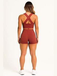 AKORIO MODAS Women's Fitness Fashion Top And Short Set Yoga Running A11 - Terracotta - View 2