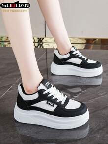 1. scarpi sportivi alla moda con lacci, scarpe sportive leggere e confortevoli da donna, design di colore a blocchi alla moda, scarpe in pelle bianche da donna per tutte le stagioni con cuciture, scarpe comode con suola spessa e infilabili, scarpe sportive da donna - Bianco e nero - Visualizzare 6
