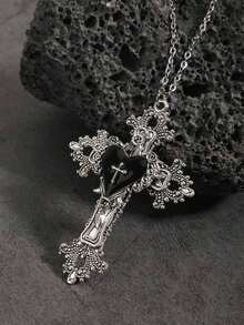 复古哥特风格个性化荆棘玫瑰十字架心形吊坠十字架项链，Y2K 女士项链，不锈钢链，万圣节礼物 - 銀色 - 查看 4