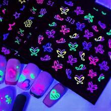 24 Sheets 3D Glow In The Dark Neon Nail Stickers Glittery Glossy Self-Adhesive Nail Art Stickers Butterfly Love Heart Flower Nail Art Decoration For Women Girl DIY Nail Art Deco - 彩色 - 查看 6