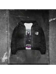 Retro Street Fashion Men's Design With Rhinestones, Distressed Wash, 3D Print, Zipper-Style Pullover Hoodie For Men, With A Hood