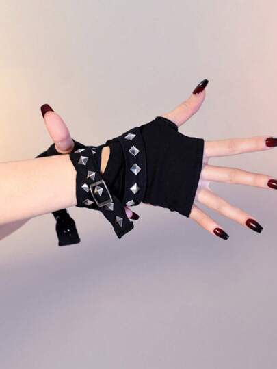 1 双 - 赛博朋克哥特荒原铆钉带短腕手套亚文化配饰秋季秋冬臂套秋冬时尚