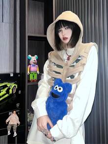 Unisex Oversized Skeleton Hoodie Men Cropped Sleeveless Sweatshirt Women Goth Costume Skull Hooded Vest - Khaki - View 5