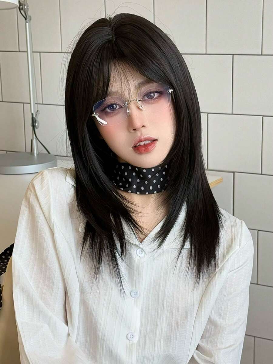 22 Inch Black Layered Wigs Synthetic Heat Resistant Wigs For Women Daily Wear Natural Daily Hair - Black - View 1