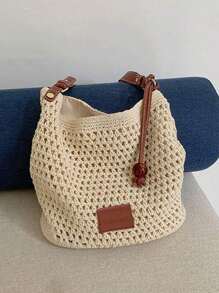 海滩度假编织托特包，2025新款镂空单肩包，大容量通勤购物手提包 - 米色 - 查看 8