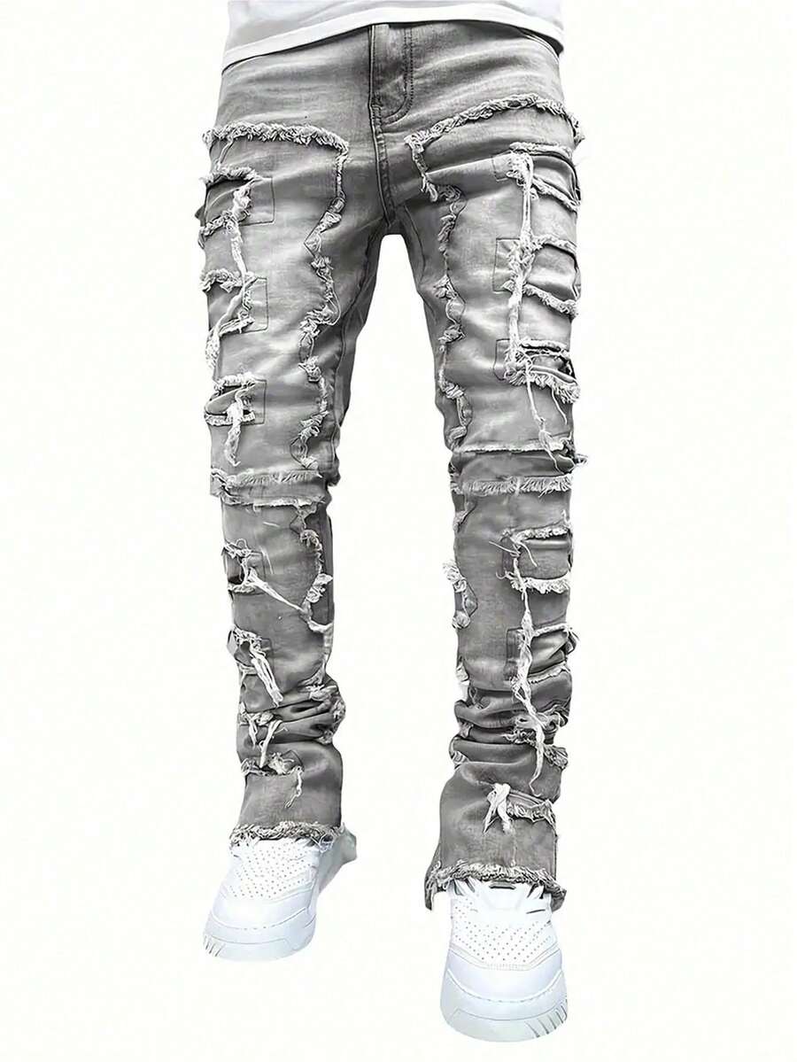 Celana Jeans Denim Berumbai Kreatif Gaya Jalanan Kasual Pria - Grey - View 1