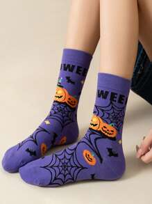 1 Pair Men's Socks, Cartoon Bat & Pumpkin Pattern, Versatile Couple Style Mid-Calf Socks, Moisture-Wicking & Breathable, Suitable For Halloween And Other Festivals, Fall Socks
