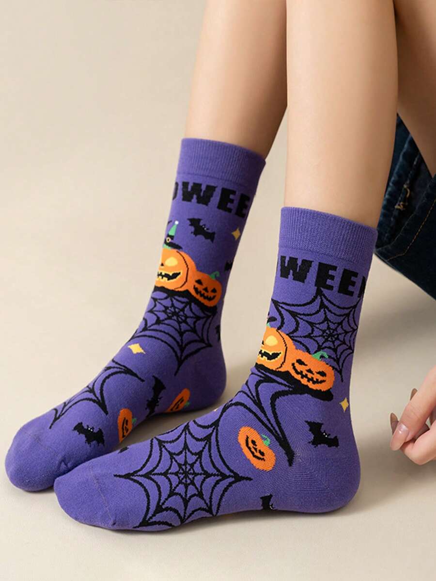 1 Pair Men's Socks, Cartoon Bat & Pumpkin Pattern, Versatile Couple Style Mid-Calf Socks, Moisture-Wicking & Breathable, Suitable For Halloween And Other Festivals, Fall Socks