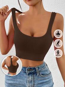 LianShengFa 1pc High Neck High Waist Elastic Yoga Sports Bra, Medium Support Shock-Absorbing Seamless Workout Bra, Comfortable Breathable Athleisure Tank Top - Brown - View 2