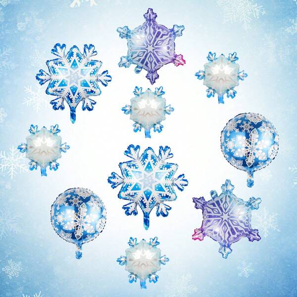 10pcs Ice And Snow Theme Snowflake Aluminum Foil Balloons, Winter Christmas New Year Ice And Snow Wonderland Decoration Supplies
