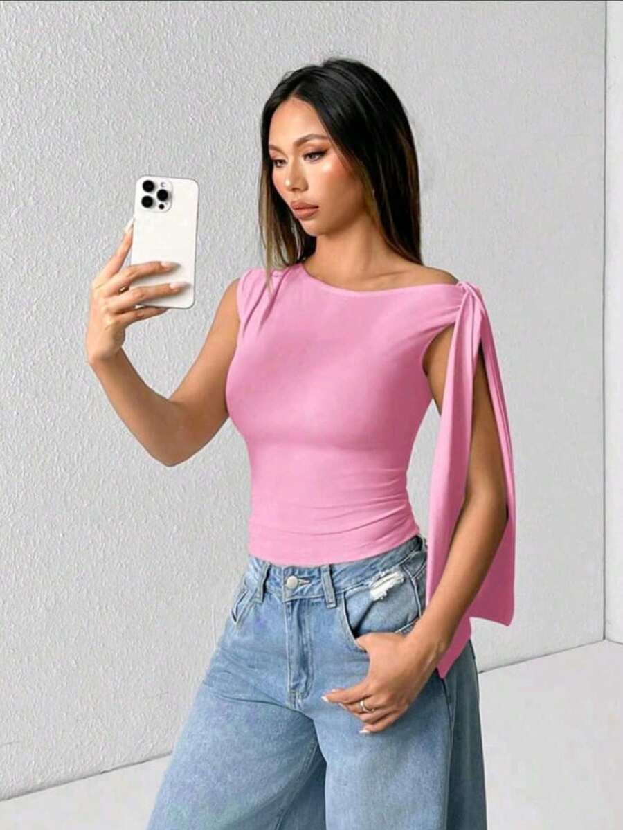 Elegant Suplex T-Shirt Top With Asymmetrical Shoulders And Straps, Ideal For Daily Use, Outings, Nightclubs, Parties, Halloween Costumes - 粉色 - 查看 1