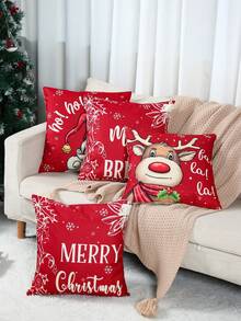 4Pcs Winter Christmas Pillowcase, Red Santa Claus Reindeer Snowflake Pattern Throw Pillow Cover Soft Cushion Cover,Linen Zippered Cushion Case For Porch Or Home (Single Side, No Pillow Core), Christmas Sofa Decoration Christmas Decorative Pillowcase, Christmas Decoration,Room Decor,Christmas Party Supplies,Christmas Gift,Xmas Decor,Home Decor,2026 New Year Decoration - Multicolor - View 4