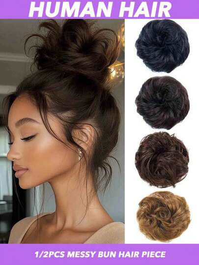 1/2PCS Messy Bun Hair Piece Human Hair Wavy Stretchy Real Human Hair Scrunchies Hair Bun Donut Elegant Chignon With Elastic Rubber Band Human Hair Tousled Updo Extension Elegant Human Hair Buns #Black #Natural Black Dark Brown Light Brown Multicolor