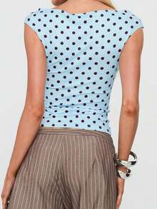 Womens Summer Short Sleeve Crop Tops Boat Neck Slim Fit T Shirts Polka Dot Y2K Going Out Blouses 1 Pcs 120g Rams 95%Polyester 5%Elastane Top - Màu xanh da trời - Xem 8