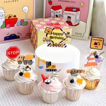 طقم تزيين كعكة رقمي - تصميم مركبة بناء - ديكور حفلة عيد الميلاد - طبعات كب كيك ذات موضوع البناء لحفلات الاستحمام وأعياد الميلاد وحفلات الكشف عن الجنس - ديكور كعكة مثالي لمناسبات العطلات العالمية