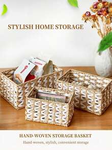 1pc Handwoven Storage Basket, Multipurpose Desktop Organizer Box, Living Room Storage Bin, Can Store Snacks, Toys, Keys And Small Items, Bohemian Geometric Woven Basket, Wooden Rattan Planter Stand, Mixed Natural Rope Decor, Creates Coastal Ambiance. - square - View 7