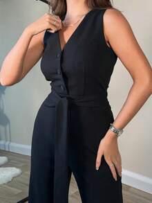 Elegant Basic French Retro High-Waisted Loose Straight-Leg Jumpsuit Pants, Suitable For Business, Commute And Daily Wear - Black - View 6