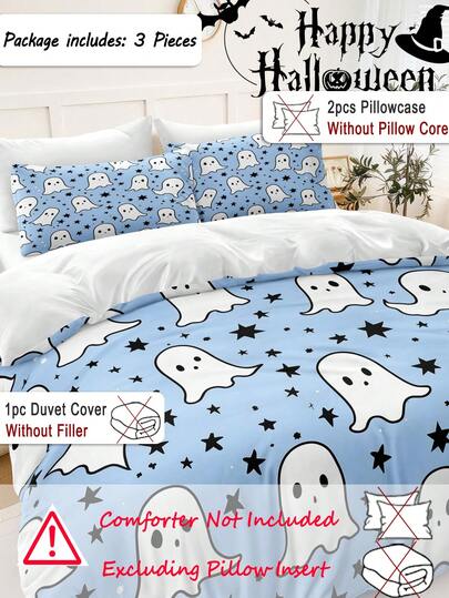 3件套万圣节蓝星幽灵可爱卡通节日数码印花羽绒被套（1个羽绒被套+2个枕套，无填充物），适用于房间装饰，节日风格，涤纶纤维柔软亲肤，适用于卧室、主卧、客房，四季皆宜